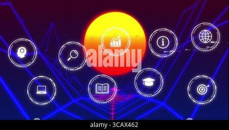 Glowing red-orange orb hovering in virtual space, with neon blue grid floor and nine tech icons Stock Photo