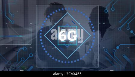 Analyzing colleagues discussing 6G holographic interface in office, with laptop tablet plant Stock Photo