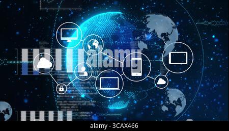 Showing digital globe rotating in cyberspace, featuring device, cloud, padlock and user icons Stock Photo