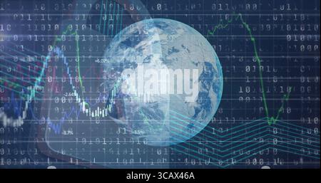 Displaying transparent Earth globe over binary code grid, showing colored financial data charts Stock Photo