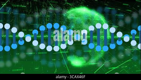 Displaying DNA helix floating over data interface, with particle globe, overlays and grid lines Stock Photo