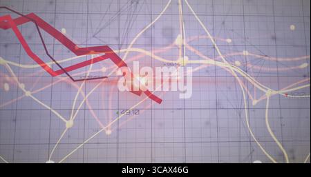Displaying red descending graph line on dashboard grid with numeric labels and lens flare Stock Photo