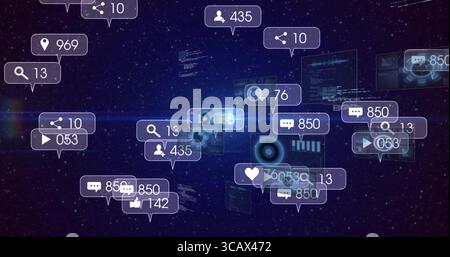 Floating metric icons showing hearts comments user counts and code swirling over dark digital space Stock Photo