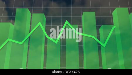 Displaying translucent green 3D bar prisms rising on dark grid, with bright green line overlay Stock Photo