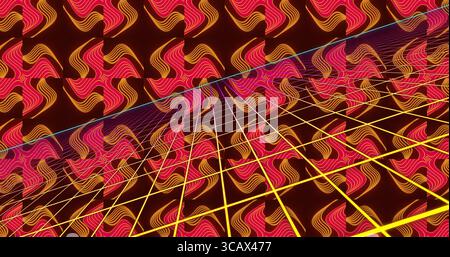Yellow-white grid plane receding in virtual space, with cyan curve and neon-pink-gold wave tiles Stock Photo