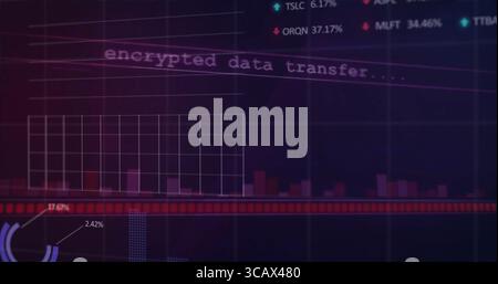 Displaying encrypted data transfer dashboard UI on virtual interface, with grid overlay, bar chart Stock Photo
