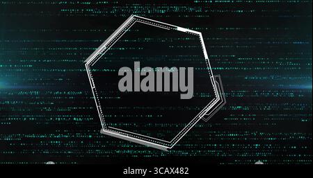 Flowing green binary code filling digital space, showing irregular layered white hexagon outline Stock Photo