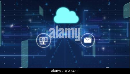 Streaming cloud icon sending data across digital network, with globe monitor and envelope icons Stock Photo