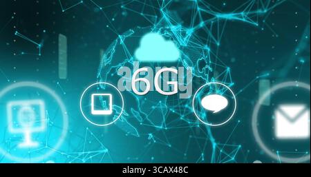 Showing 6G cloud icon floating over wireframe globe in cyberspace with tablet, chat, envelope icons Stock Photo