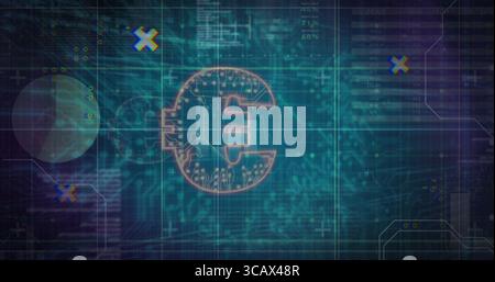 Displaying circuit-patterned euro symbol in digital dashboard, with grid overlay and data streams Stock Photo