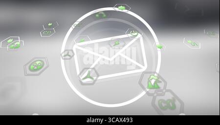 Floating white envelope icon in circular frame hovering over 3D interface, with green icon hexagons Stock Photo