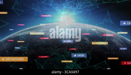 Displaying Earth curved horizon in space with sunburst, mesh network, floating notification labels Stock Photo