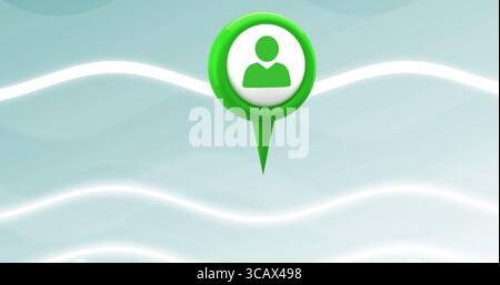 Floating green location pin featuring user silhouette in teal background, glowing white wavy lines Stock Photo