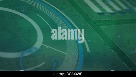 Displaying abstract network graphic in virtual digital interface, with grid pattern and node icons Stock Photo