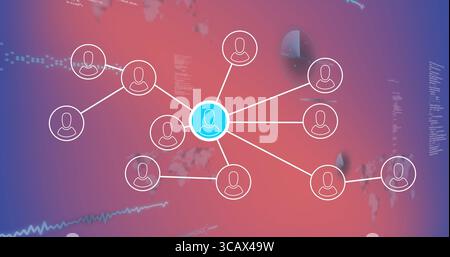 Displaying blue user node linking white icons in network interface, with map and code overlays Stock Photo