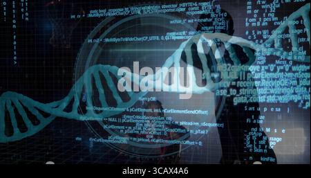 Rotating glowing blue DNA helix floating in virtual UI, with C++ code snippets and scanning reticle Stock Photo