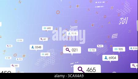 Floating central callout bubble displaying '021' hovering on violet-blue UI, with numbers and icons Stock Photo