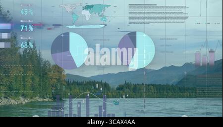 Displaying two transparent pie charts over waterway at lake, with world map, bar and line overlays Stock Photo