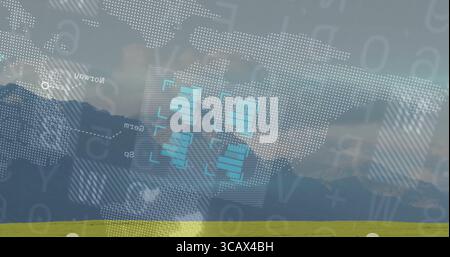 Displaying dotted world map overlay over meadow and mountains, with floating alphanumeric panels Stock Photo