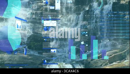 Flowing waterfall cascading over layered rocks in forest valley, with translucent digital overlays Stock Photo