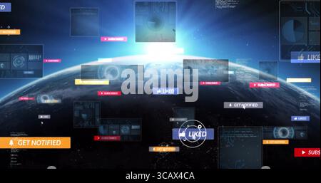 Displaying Earth horizon in space showing floating notification banners and holographic data panels Stock Photo