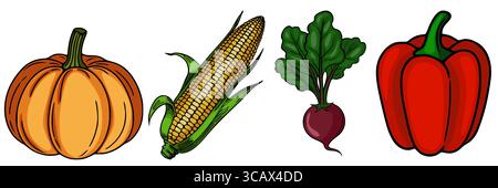 A vibrant vector illustration showcasing a collection of handdrawn vegetables a pumpkin, corn on the cob, beetroot with leaves, and a bell pepper, eac Stock Vector