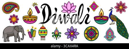 Vibrant vector illustration of Diwali festive elements elephant, peacock, diyas, fireworks, flowers, and paisley patterns, perfect for invitations, ca Stock Vector