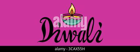 Festive Diwali Vector Illustration A vibrant magenta background features a stylized diya (oil lamp) and elegant script spelling Diwali, perfect for ce Stock Vector