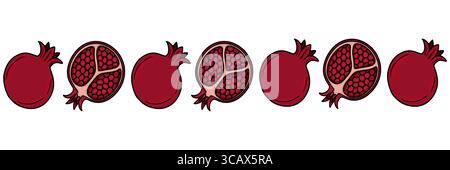 Seamless vector border of handdrawn pomegranates, alternating whole and halved fruits, showcasing juicy red arils and detailed textures, ideal for aut Stock Vector