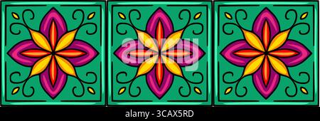 Seamless vector pattern with vibrant stylized floral motifs in yellow, orange, purple, and red against a teal background, enclosed in decorative frame Stock Vector