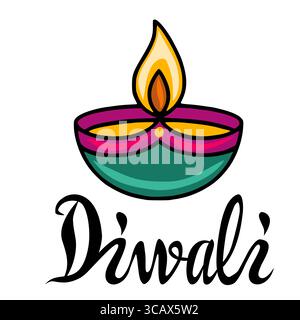 Festive Diwali Vector Illustration A vibrant teal, pink, and gold diya with a bright flame, complemented by elegant calligraphy spelling Diwali. Stock Vector