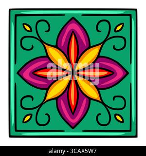 Vibrant vector tile design featuring a stylized floral motif in bold yellow, red, and purple hues, set against a teal background, perfect for textile Stock Vector
