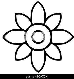 Stylish vector illustration of a minimalist black and white flower with concentric circles and eight petals, ideal for design projects needing a simpl Stock Vector