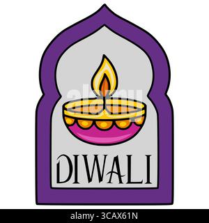 Festive Diwali Vector Illustration A stylized diya oil lamp within an arched frame, perfect for holiday cards or invitations. Stock Vector
