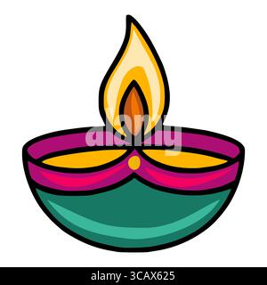 Vibrant Vector Illustration of a Diwali Diya, a Traditional Indian Oil Lamp with a Stylized Flame, Featuring Bold Colors and a Cartoonish Style. Stock Vector
