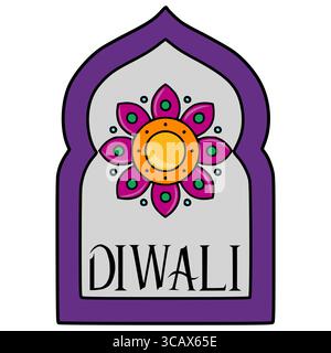 Festive Diwali Vector Illustration A stylized floral mandala within an arched frame, featuring vibrant purple, orange, pink, and teal hues, perfect fo Stock Vector