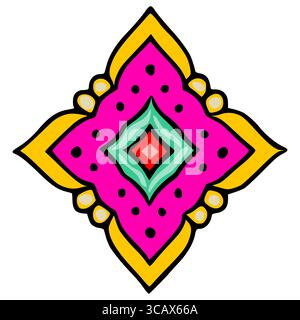 Vibrant vector illustration of a stylized floral diamond pattern in bold pink, teal, yellow, and red, featuring a unique geometric design with black d Stock Vector