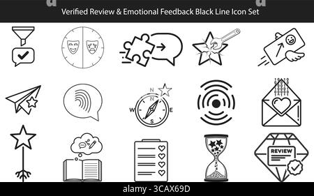 Verified Review & Emotional Feedback Black Line Icons Set Stock Vector