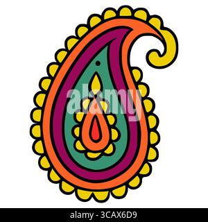 Vibrant Vector Paisley Design A HandDrawn Style Illustration with Bold Orange, Purple, and Yellow Hues. Stock Vector