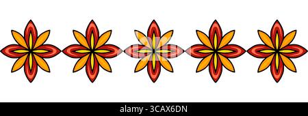 Seamless vector border design featuring a repeating pattern of stylized orange and red flowers with a bold black outline, perfect for adding a vibrant Stock Vector