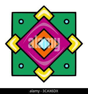 Vibrant vector square pattern with nested geometric shapes in bold colors emerald green, magenta, orange, and light yellow, creating a dynamic and pla Stock Vector