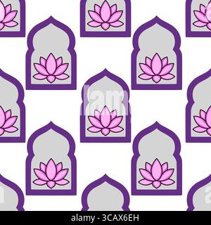 Seamless vector pattern featuring pink lotus flowers nestled within elegant purple and grey arched frames, creating a sophisticated and repeating desi Stock Vector