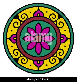 Vibrant vector mandala design featuring a central fuchsia flower surrounded by yellow, green, and maroon concentric circles, embellished with swirling Stock Vector