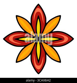 Vibrant vector illustration of a stylized eightpetal flower with bold outlines and warm color gradients, suitable for design projects needing a unique Stock Vector