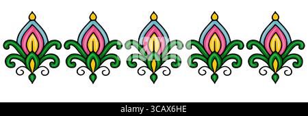 Seamless vector border with stylized floral elements in vibrant pink, yellow, light blue and green colors, featuring intricate details and a repeating Stock Vector