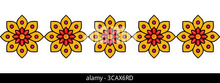 Seamless vector border design featuring a repeating pattern of stylized orange and red flowers with purple accents, perfect for textile prints, web de Stock Vector