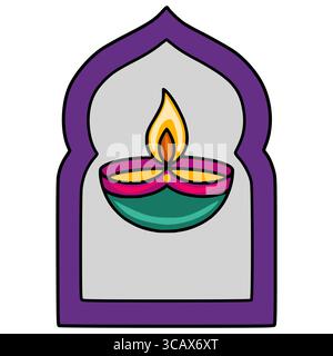 A vector illustration of a stylized diya oil lamp with a flame, framed within a purple arched window, showcasing vibrant colors and a simple, flat des Stock Vector