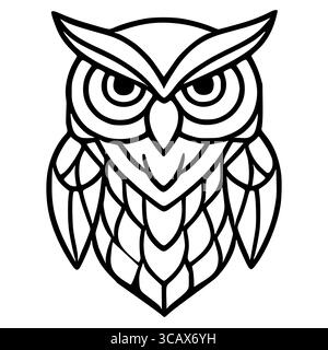A vector illustration of an owls head, stylized with a geometric, stainedglasslike pattern, featuring bold black lines against a white background, cre Stock Vector