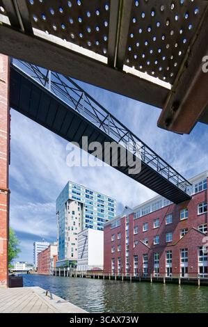 Office building and harbor district Schellerdamm around the old grain silo, Harburg, Hamburg, Germany Stock Photo