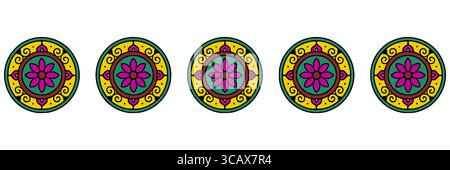 Seamless vector border with five vibrant oval mandalas featuring a central flower motif, encircled by intricate yellow, green, maroon, and magenta det Stock Vector